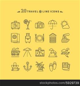 Set of black travel thin, lines, outline icons. Attributes of summer beach holiday, bus, hotel, guide, suitcase, road, aircraft, ship on yellow background. For websites and mobile applications
