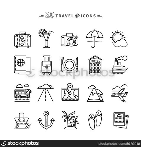 Set of black travel thin, lines, outline icons. Attributes of summer beach holiday, bus, hotel, guide, suitcase, road, aircraft, ship on white background. For web and mobile applications