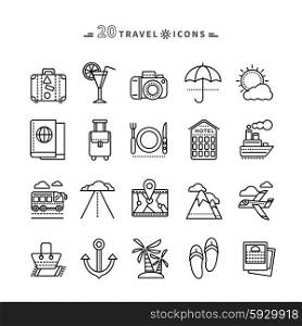 Set of black travel thin, lines, outline icons. Attributes of summer beach holiday, bus, hotel, guide, suitcase, road, aircraft, ship on white background. For web and mobile applications