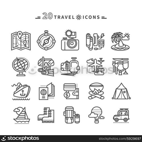 Set of black travel thin, lines, outline icons of summer vacation, tourism and journey. Items for travel in flat design on white background. For web and mobile applications