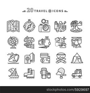 Set of black travel thin, lines, outline icons of summer vacation, tourism and journey. Items for travel in flat design on white background. For web and mobile applications