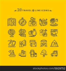Set of black travel thin, lines, outline icons of summer vacation, tourism and journey. Items for travel in flat design on yellow background. For website and mobile applications