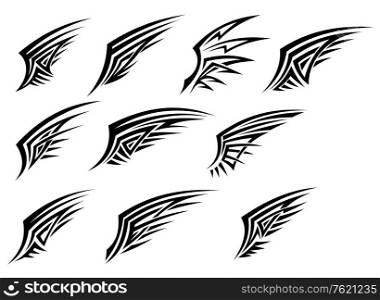 Set of black tribal wing tattoos isolated on white background