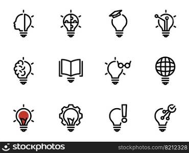 Set of black vector icons, isolated against white background. Illustration on a theme Creative light source, warning, tuning and using smart bulbs