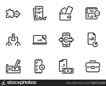 Set of black vector icons, isolated against white background. Illustration on a theme Tax Instruments and Payments