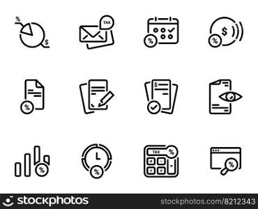 Set of black vector icons, isolated against white background. Illustration on a theme Tax instruments  calculation, documentation
