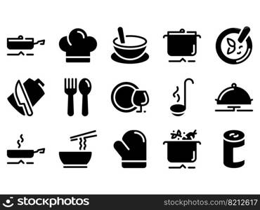 Set of black vector icons, isolated against white background. Flat illustration on a theme dishes for cooking dishes from the chef, and Japanese cuisine. Simple vector icons. Flat illustration on a theme dishes for cooking dishes from the chef, and Japanese cuisine