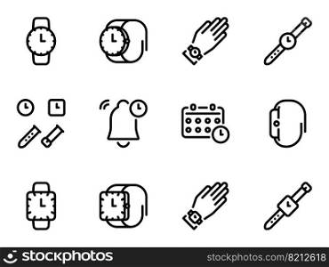 Set of black vector icons, isolated against white background. Flat illustration on a theme wristwatch as an accessory for time management. Simple vector icons. Flat illustration on a theme wristwatch as an accessory for time management
