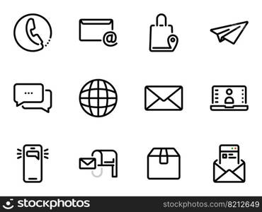 Set of black vector icons, isolated against white background. Illustration on a theme Mail, delivery of letters