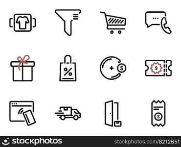 Set of black vector icons, isolated against white background. Illustration on a theme Online store, selection of goods and delivery