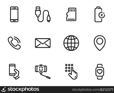 Set of black vector icons, isolated against white background. Illustration on a theme Mobile phone. Basic functions and external devices