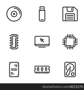 Set of black vector icons, isolated on white background, on theme Computer Memory