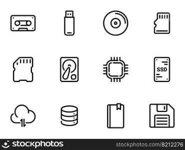 Set of black vector icons, isolated on white background, on theme Data storage