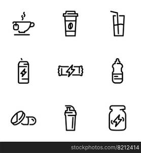 Set of black vector icons, isolated on white background, on theme Energy drinks and sports nutrition