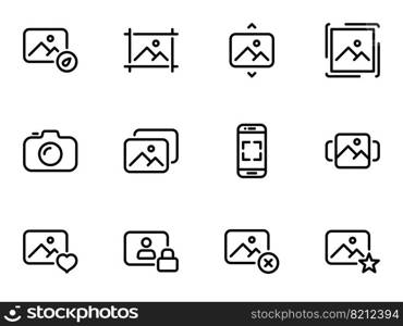 Set of black vector icons, isolated on white background, on theme Photography and social interaction. Restricting access to private data
