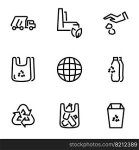 Set of black vector icons, isolated on white background, on theme Recycling of plastic waste and transportation