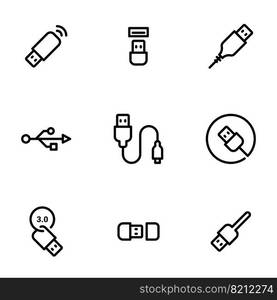 Set of black vector icons, isolated on white background, on theme Usb