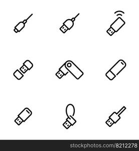 Set of black vector icons, isolated on white background, on theme Usb