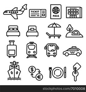set of black white travel concept icons of resort, cruise and transport. travel icons black outline