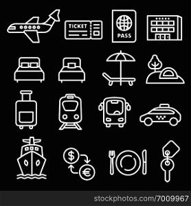 set of black white travel concept icons of resort, cruise and transport. travel icons
