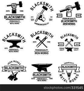 Set of blacksmith and iron works emblems. Design element for logo, label, sign, poster, t shirt. Vector illustration