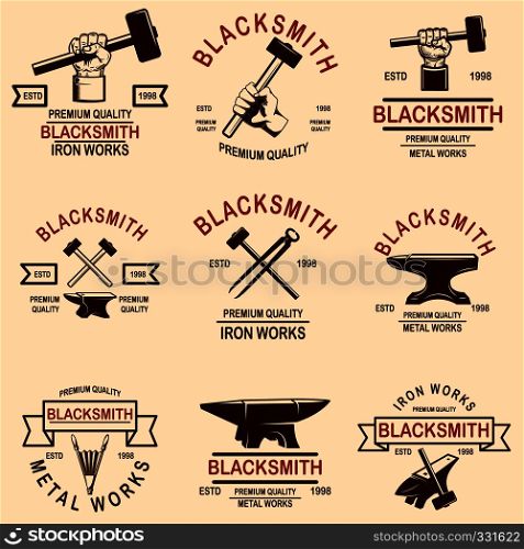 Set of blacksmith and iron works emblems. Design element for logo, label, sign, poster, t shirt. Vector illustration