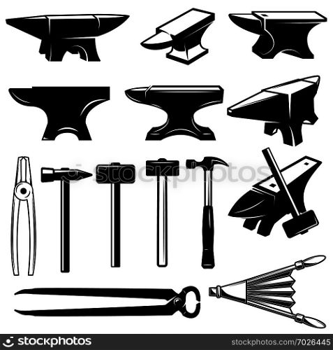 Set of blacksmith design elements. Anvils,hammers, pincers. Design element for logo, emblem, sign, label. Vector illustration