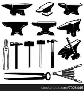 Set of blacksmith design elements. Anvils,hammers, pincers. Design element for logo, emblem, sign, label. Vector illustration