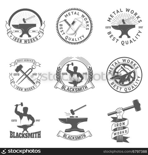 Set of blacksmith, iron works labels, badges and design elements. Iron works emblems.