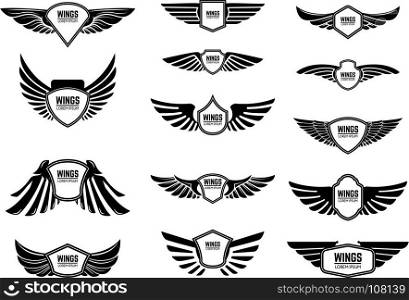 Set of blank emblems with wings. Design elements for emblem, sign, logo, label. Vector illustration