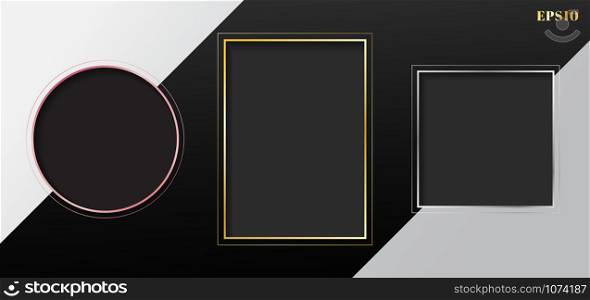Set of blank gray geometric rectangle, square, circle frame golden, pink gold, silver border on white and black striped background. Vector illustration