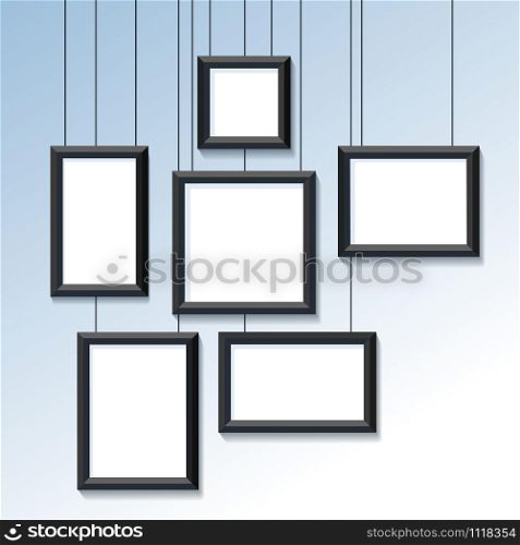 Set of Blank hanging frames. Pictures, photo frames with realistic shaows mockup. Six different empty photo frames, gallery portfolio album. vector illustration.