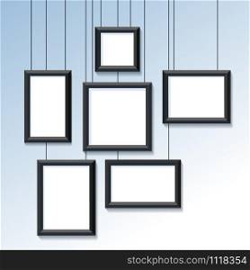 Set of Blank hanging frames. Pictures, photo frames with realistic shaows mockup. Six different empty photo frames, gallery portfolio album. vector illustration.