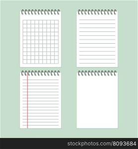 Set of blank paper sheets of notepad, spiral notebooks, checkered and lined pages.