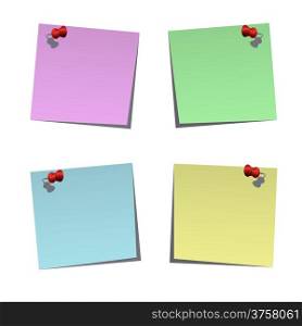 Set of blank post-it notes with push pins, vector illustration