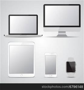 Set of blank screen devices. Monitor, laptop, tablet, smartphone, smart watches. Design elements for infographic, websites, motion design. Vector illustration.