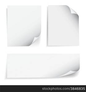 Set of blank sheet of paper with page curl and shadow effect, design element for advertising and promotional message isolated on white background. EPS 10 vector illustration.