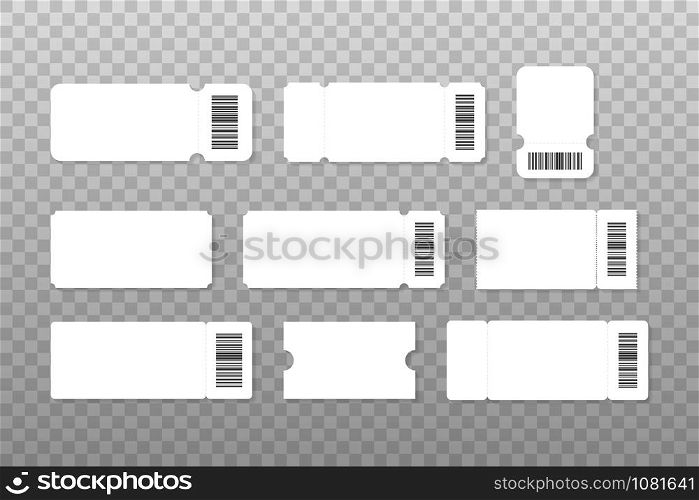 Set of blank ticket mockup template. Realistic White paper coupon isolated on grey background. Vector stock illustration. Set of blank ticket mockup template. Realistic White paper coupon isolated on grey background. Vector stock illustration.