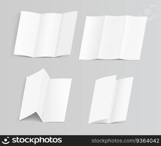 Set of blank trifold paper brochure mock-up on soft gray background with shadows. Booklet mock up realistic 3d rendering. Vector illustration. Set of blank trifold paper brochure mock-up on soft gray background with shadows