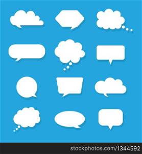 Set of blank white speech bubbles and text boxes isolated on blue background. Comic message bubbles. Social chatting for online web comments, discussions and thinks. Different shape balloons. Vector. Set of blank white speech bubbles and text boxes isolated on blue background. Comic message bubbles. Social chatting for online web comments, discussions and thinks. Different shape balloons. Vector.