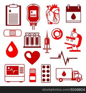 Set of blood donation items. Medical and health care objects. Set of blood donation items. Medical and health care objects.