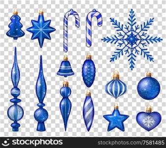 Set of blue and white toys for christmas tree decoration on transparent background realistic isolated vector illustration