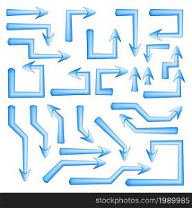 Set of blue arrows pointers with sharp straight angular turns isolated on white. Direction pointer. Vector illustration.. Set of blue arrows pointers with sharp straight angular turns isolated on white. Direction pointer.