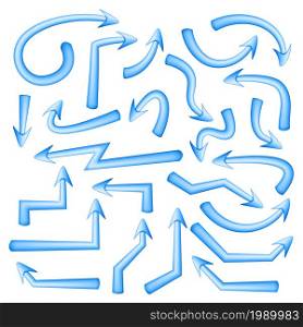 Set of blue arrows pointers with soft turns isolated on white. Direction pointer.. Set of blue arrows pointers with soft turns isolated on white. Direction pointer. Vector illustration.