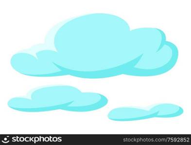 Set of blue clouds on white background. Cartoon cloudscape illustration.. Set of blue clouds on white background.