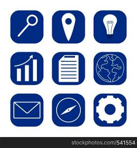 Set of blue color web pictogram. E-mail, Arrow move up, Magnifying glass, Document, Compass, E-mail, Light bulb, Gear, Map pointer icons. Flat style vector illustration isolated on white background. Set of blue color pinctogram. Flat style vector illustration