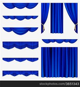 Set of blue curtains to theater stage. Mesh.