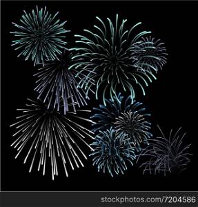 Set of blue fireworks illustrations on black background (vector)
