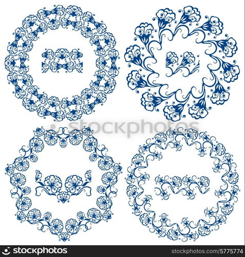 Set of blue floral circle frames. Background in the style of Chinese painting on porcelain. Ornamental design elements. Pattern endless fragments.