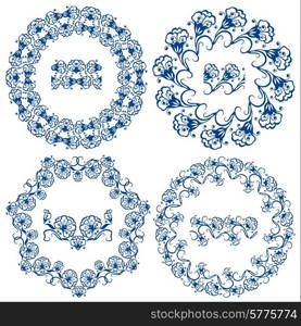 Set of blue floral circle frames. Background in the style of Chinese painting on porcelain. Ornamental design elements. Pattern endless fragments.